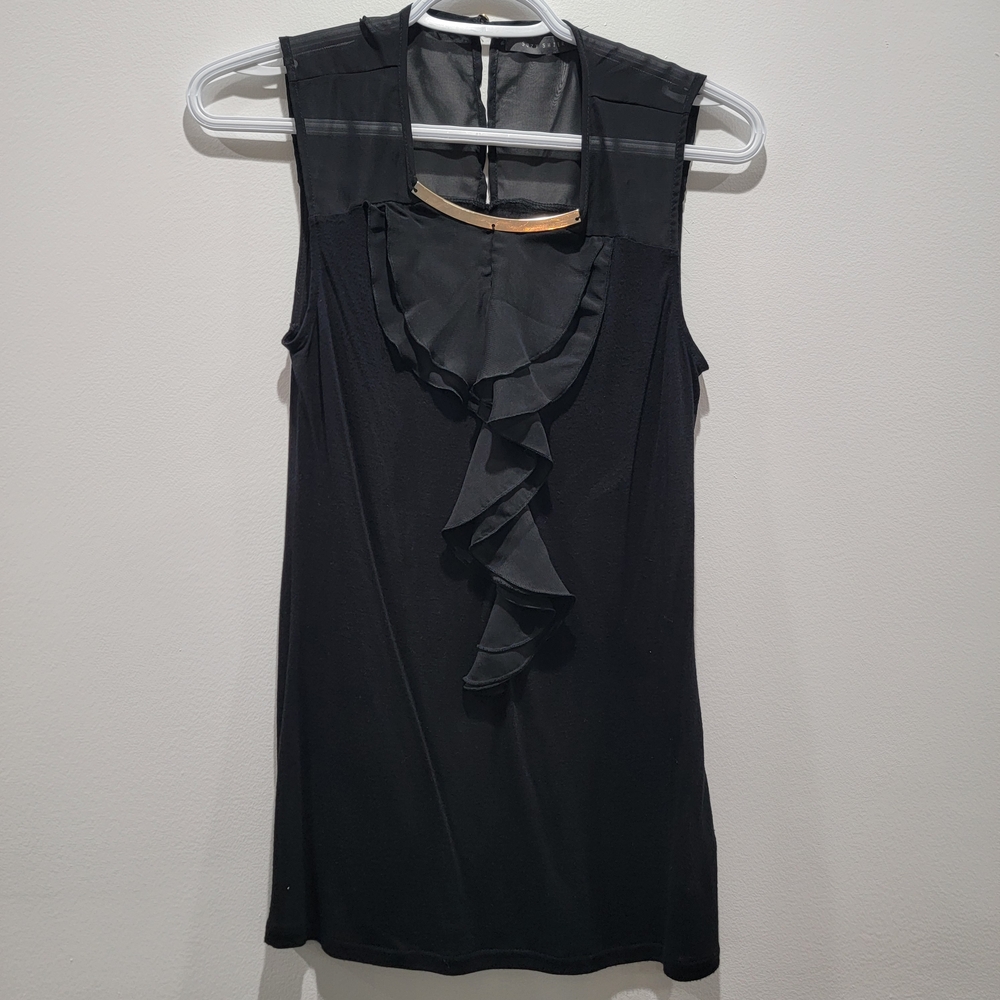 Suzy Shier Black Ruffle Blouse Sz XS